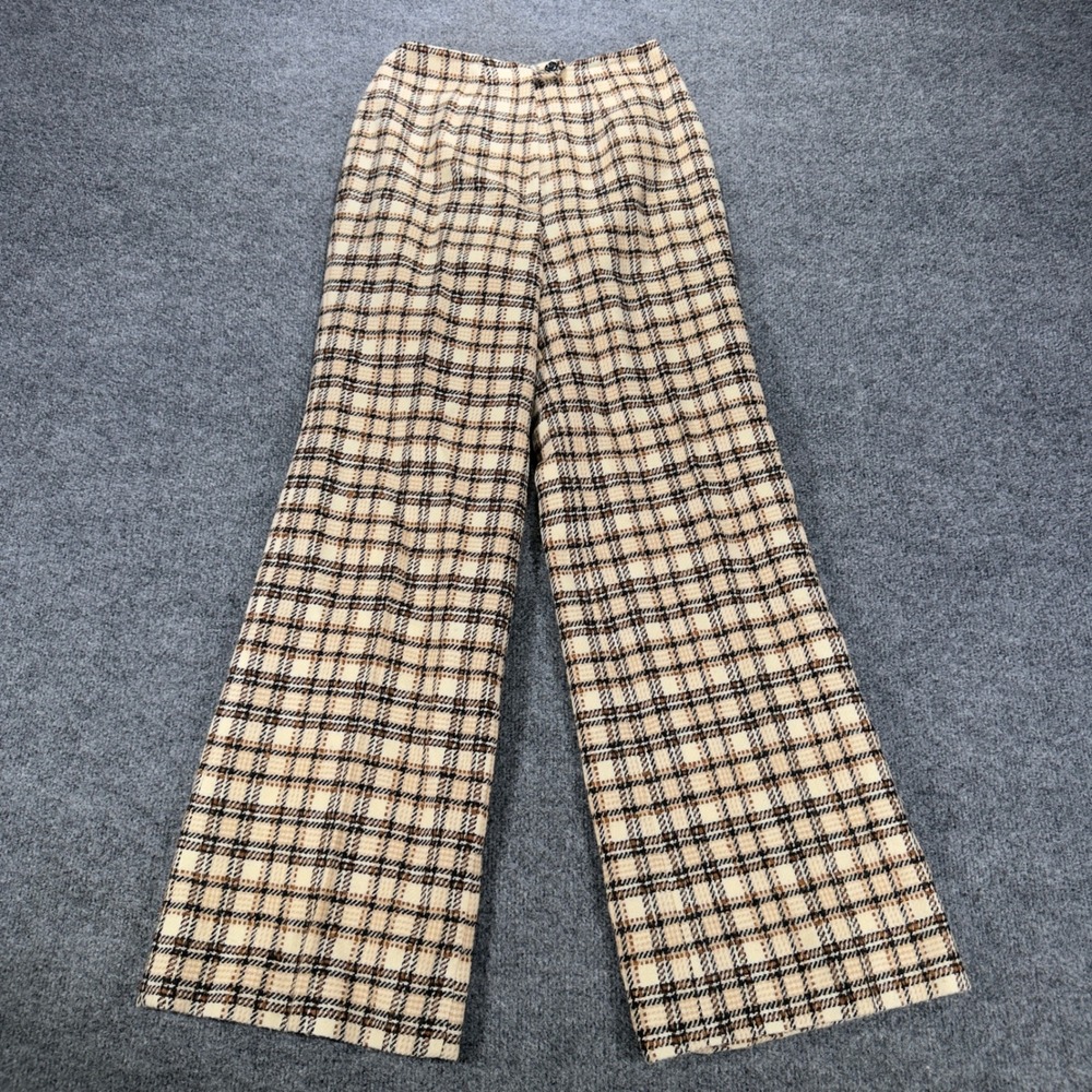 Pendleton Vintage Plaid Wool Pants High Waist Wide Leg Trousers Size 8 Tan Brown